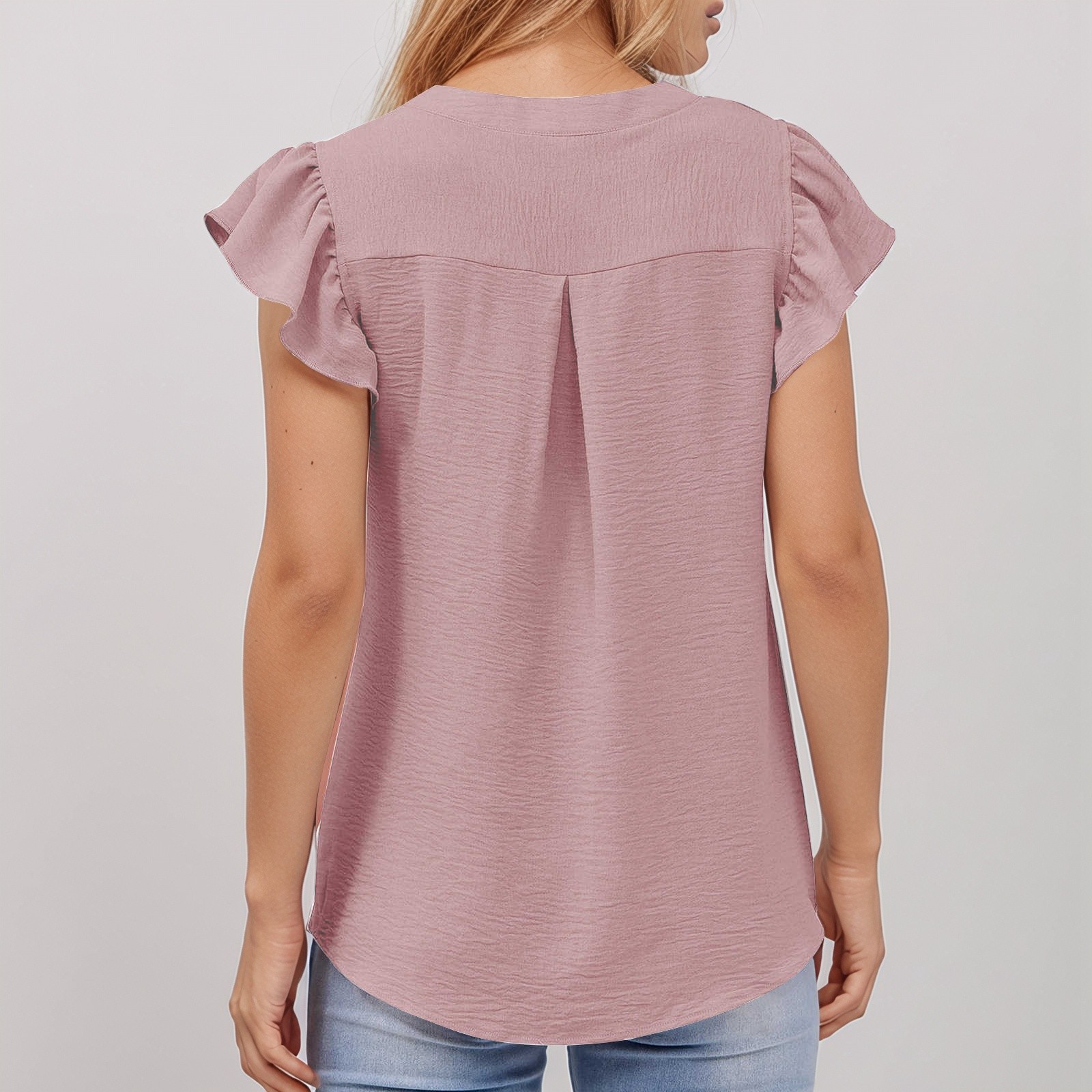 thumbnail image 4 of Blusa elegante informal con volantes en las mangas y cuello en V texturizado para mujer - Top de verano para el trabajo, 4 of 7